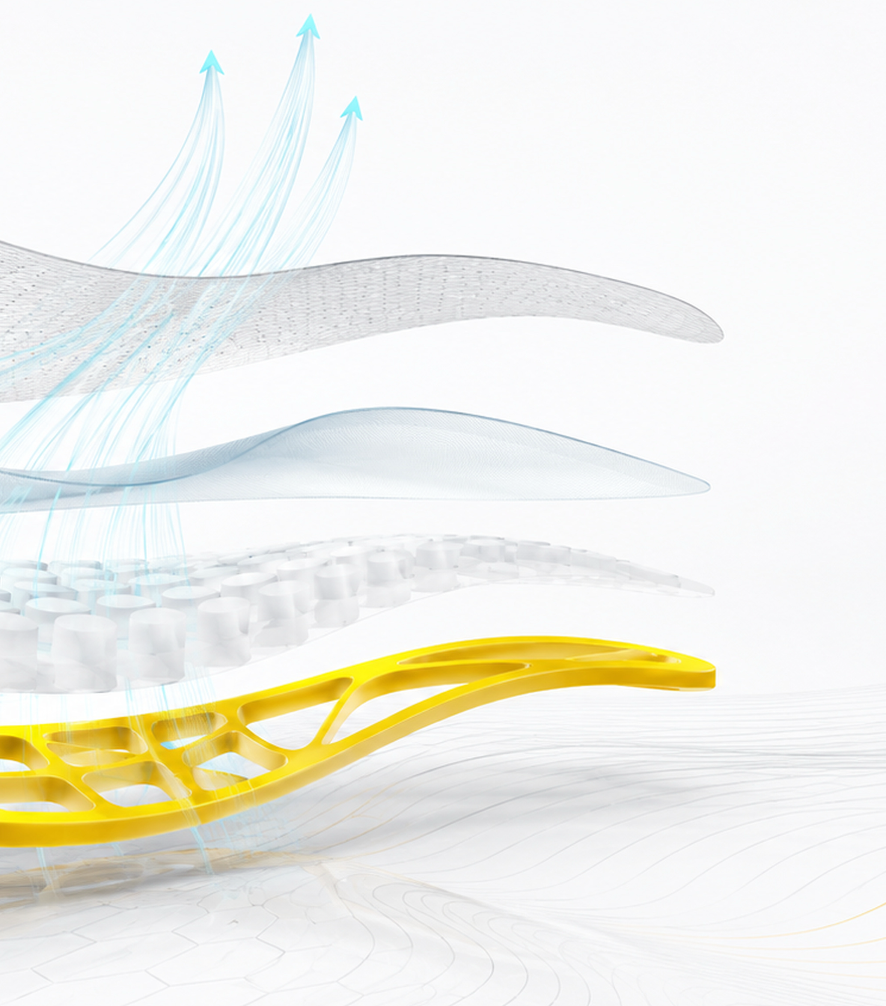 Exploded Air Cushion Technology construction with airflow moving through the insole layers